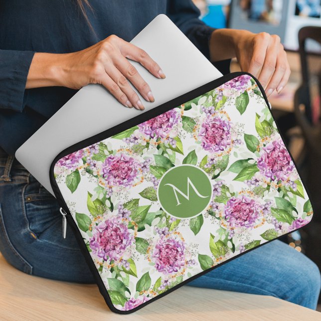 Funda Para Portátil Monograma Bonito Morado Verde Acuarela Floral (Subido por el creador)
