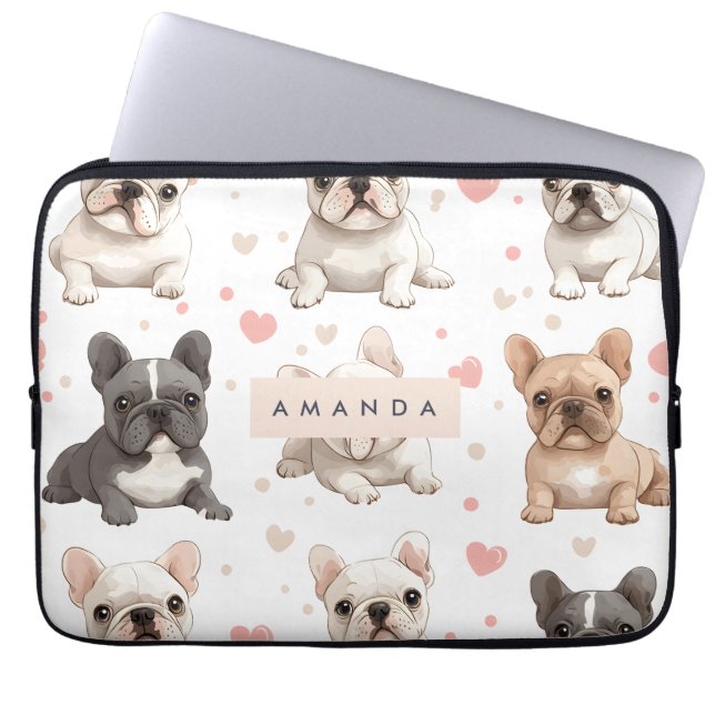 Funda Para Portátil Monograma Bulldog francés adorable personalizado (Frente)