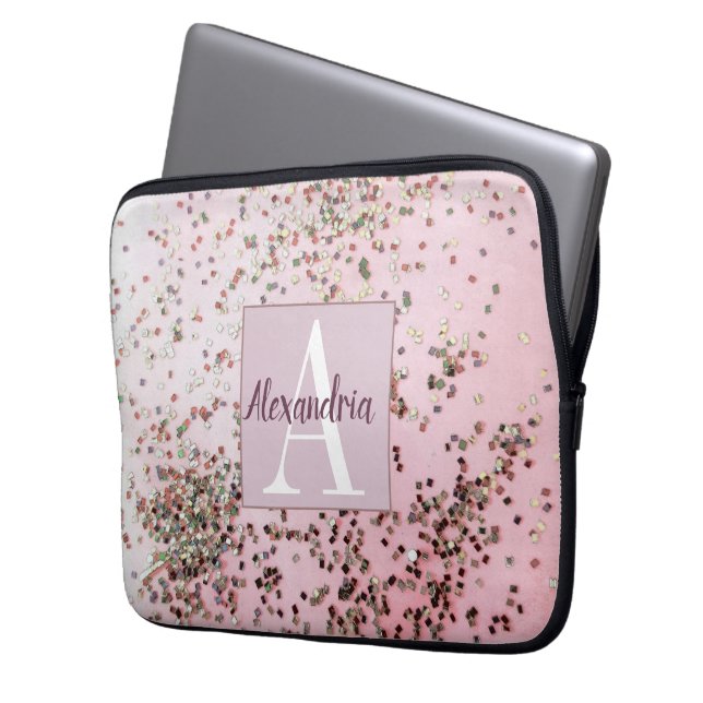 Funda Para Portátil Monograma Champagne Confetti Rosa (Anverso izquierdo)