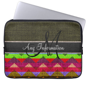 Funda Para Portátil Monograma Chevron verde oscuro Zigzag Burlap Jute
