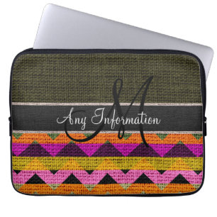 Funda Para Portátil Monograma Chevron verde oscuro Zigzag Burlap Jute