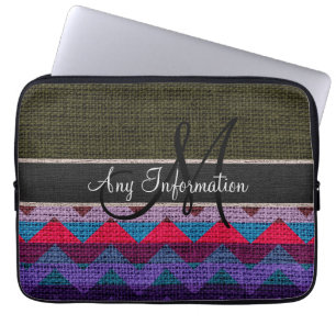 Funda Para Portátil Monograma Chevron verde oscuro Zigzag Burlap Jute