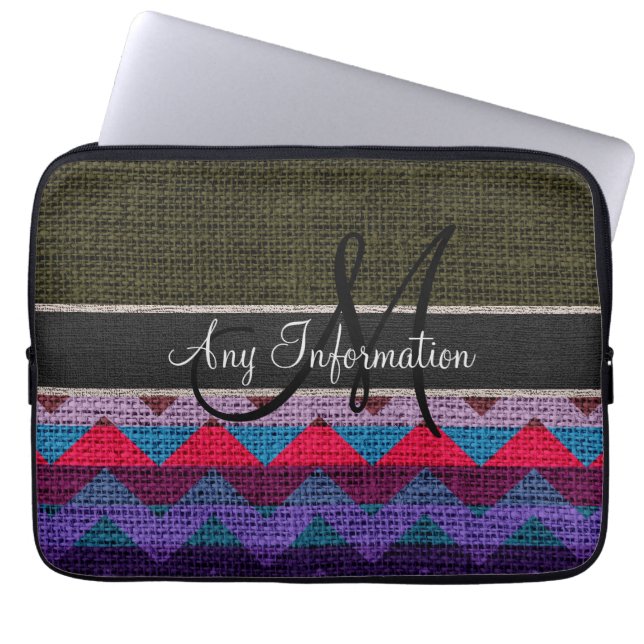 Funda Para Portátil Monograma Chevron verde oscuro Zigzag Burlap Jute (Frente)
