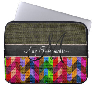 Funda Para Portátil Monograma Chevron verde oscuro Zigzag Burlap Jute