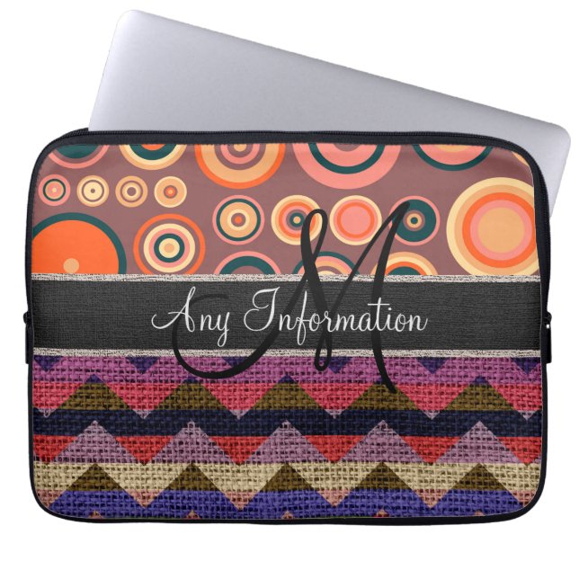 Funda Para Portátil Monograma Chevron Zigzag Burlap Jute Circles (Frente)