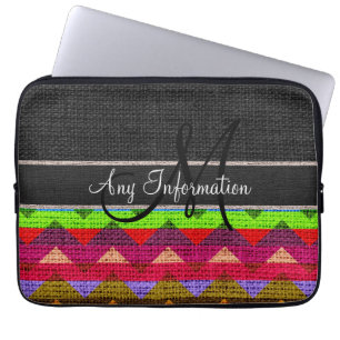 Funda Para Portátil Monograma Chevron Zigzag Negro Arpillera Yute