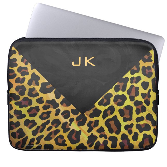 Funda Para Portátil Monograma con leopardo marrón y amarillo (Frente)