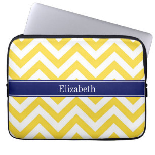 Funda Para Portátil Monograma con nombre azul de la marina de cheurón