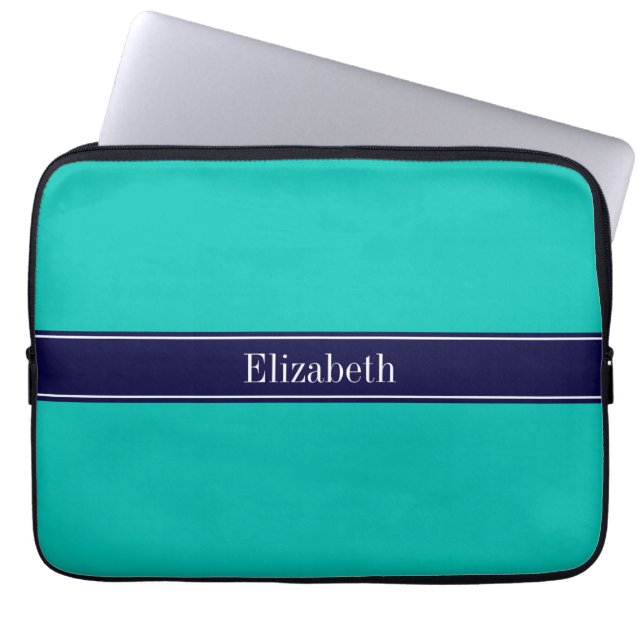 Funda Para Portátil Monograma con nombre de cinta azul de la marina, V (Frente)