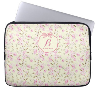 Funda Para Portátil Monograma Coqueta de Lazo Floral Rosa Amarillo Fem