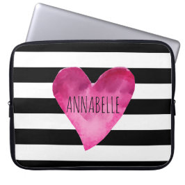 Funda Para Portátil Monograma Corazón de color de agua negro + blanco