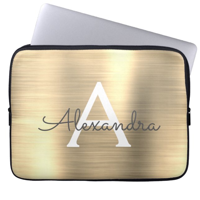 Funda Para Portátil Monograma de acero inoxidable Gold de lujo (Frente)