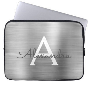 Funda Para Portátil Monograma de acero inoxidable plateado de lujo