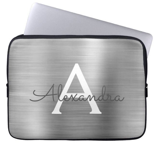 Funda Para Portátil Monograma de acero inoxidable plateado de lujo (Frente)