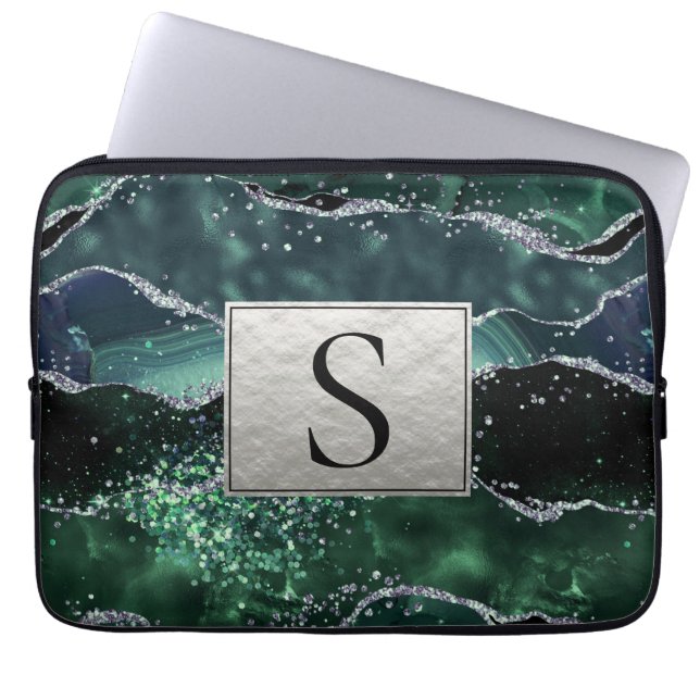 Funda Para Portátil Monograma de acidez de geode de Purpurina de plata (Frente)