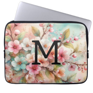 Funda Para Portátil Monograma de acuarela floral de flores de cerezo r