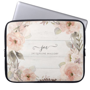Funda Para Portátil Monograma de acuarela floral elegante y rústico