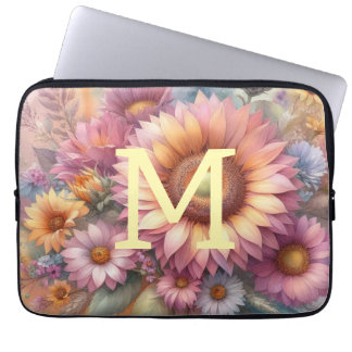 Funda Para Portátil Monograma de acuarela floral rosa girasol amarillo