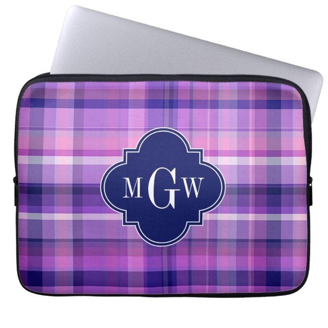 Funda Para Portátil Monograma de Amethyst Pink Navy Whapper Madras (Frente)