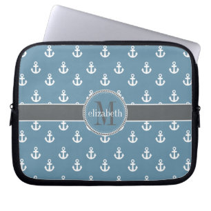 Funda Para Portátil Monograma de anclajes blancos azul cielo gris