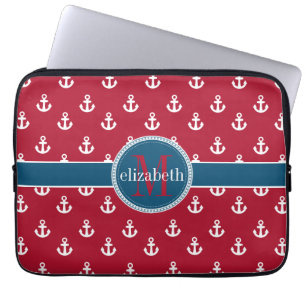 Funda Para Portátil Monograma de anclajes de naves blancas rojas