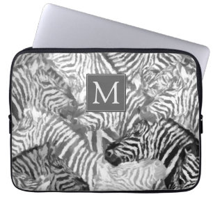Funda Para Portátil Monograma de Arte de Cebra Abstracto en Blanco y N