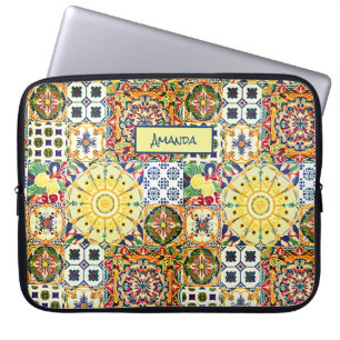 Funda Para Portátil Monograma de azulejos naranja geométricos mediterr