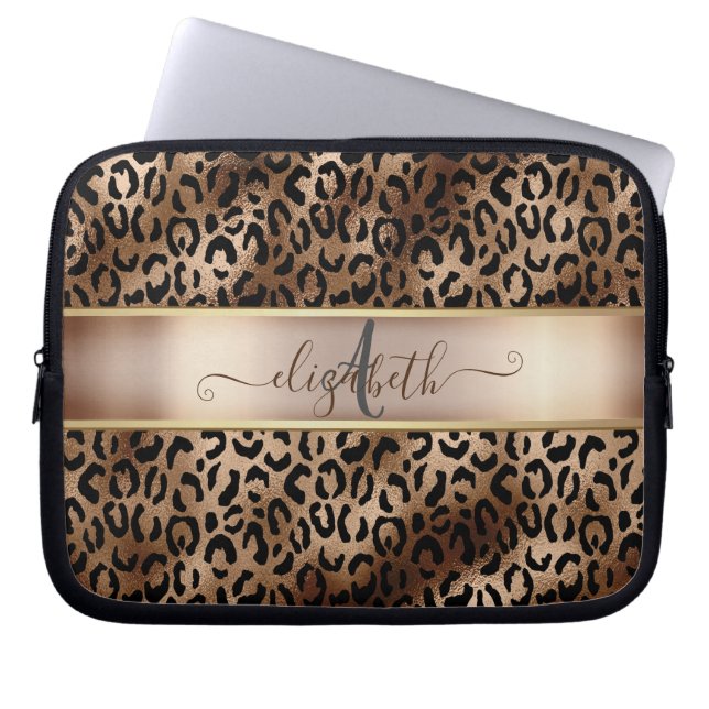Funda Para Portátil Monograma de bronce negro patrón leopardo (Frente)