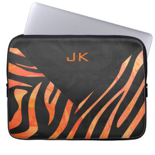 Funda Para Portátil Monograma de cebra negra y naranja
