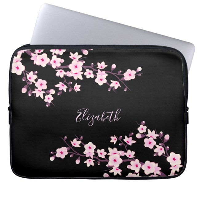 Funda Para Portátil Monograma de cerezo rosado negro (Frente)