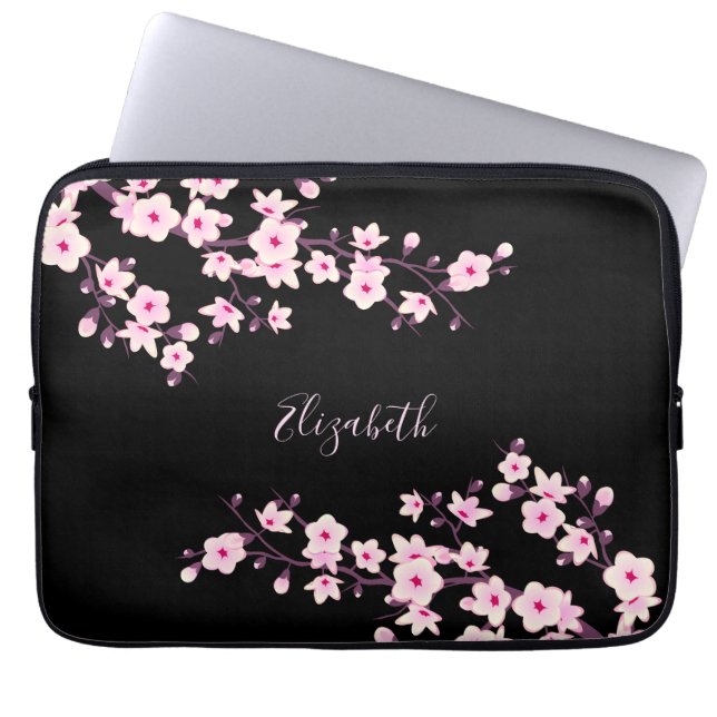 Funda Para Portátil Monograma de cerezo rosado negro (Frente)