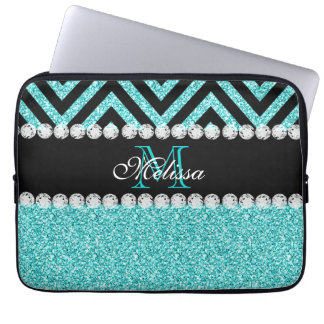 FUNDA PARA PORTÁTIL MONOGRAMA DE CHEVRON DEL NEGRO DEL PURPURINA DE LA