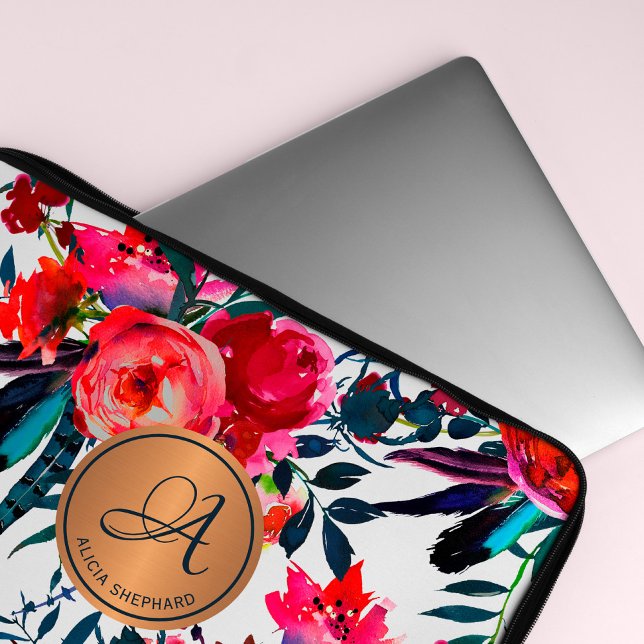 Funda Para Portátil Monograma de cobre con patrón floral de acuarela d (Subido por el creador)