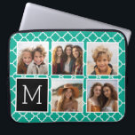 Funda Para Portátil Monograma de Collage de fotos Esmeralda y Negro en<br><div class="desc">Patrón de cuatrefoil verde y blanco - Usa cinco fotos cuadradas para crear un regalo único y personal. O puedes mantener al cachorro hipster y hacer un keepsake de moda. Si necesita ajustar las imágenes,  haga clic en la herramienta personalizar para realizar cambios.</div>