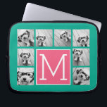 Funda Para Portátil Monograma de Collage de fotos verde azulado y rosa<br><div class="desc">Verde turquesa vibrante y fondo rosado magenta - Se pueden utilizar fotos cuadradas o selfie para este diseño. Usa ocho fotos cuadradas para crear un regalo único y personal. O puedes mantener al cachorro hipster y hacer un keepsake de moda. Si necesita ajustar las imágenes, haga clic en la herramienta...</div>