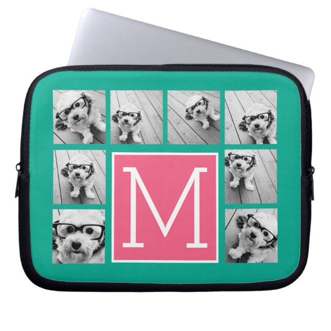 Funda Para Portátil Monograma de Collage de fotos verde azulado y rosa (Frente)