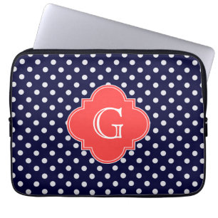 Funda Para Portátil Monograma de coral de polka blanca de la marina
