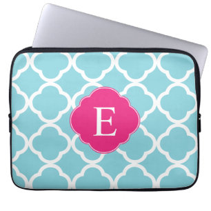 Funda Para Portátil Monograma de cuatrefolia rosa azul