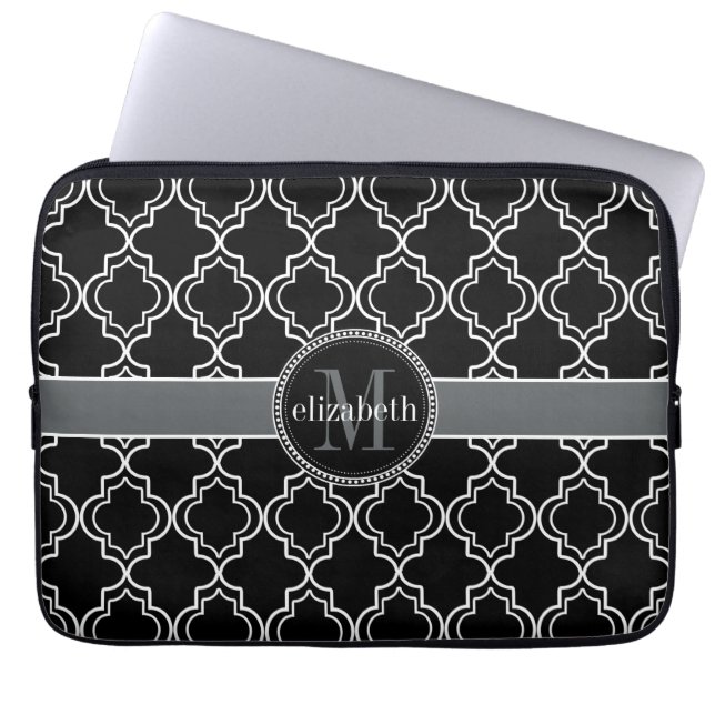 Funda Para Portátil Monograma de cuatrefolios marroquíes blancos negro (Frente)