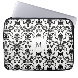 Funda Para Portátil Monograma de Damasco Negro brillante