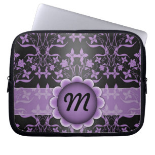 Funda Para Portátil Monograma de Damasco Púrpura y Negro