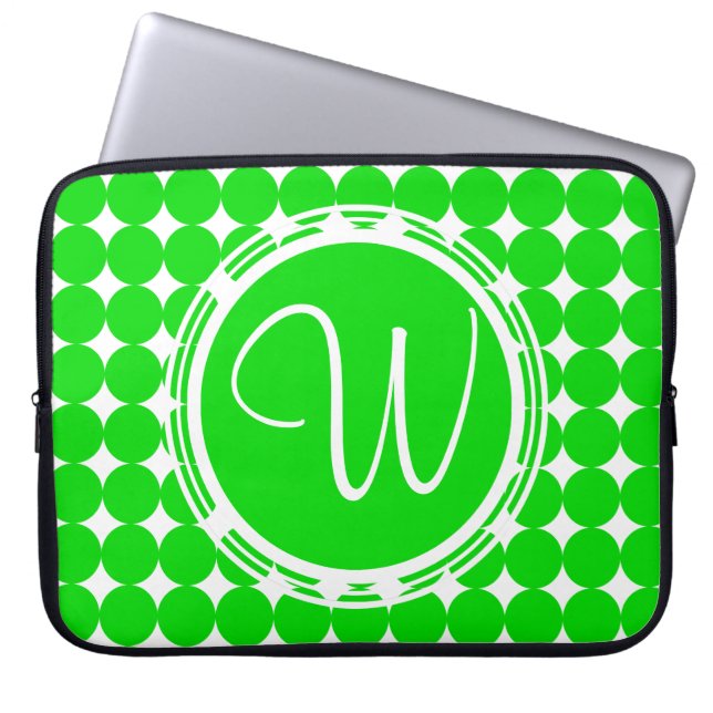 Funda Para Portátil Monograma de dot de polka verde (Frente)