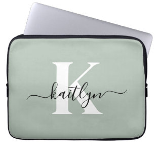 Funda Para Portátil Monograma de escritura verde sabio moderno