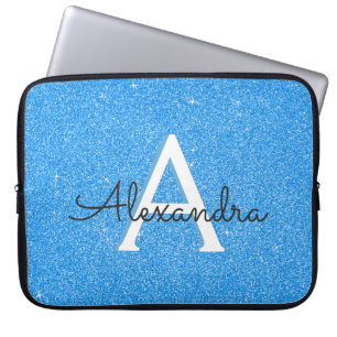 Funda Para Portátil Monograma de espuma azul y Purpurina