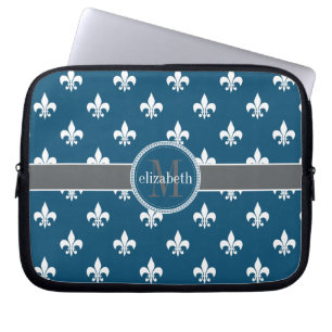 Funda Para Portátil Monograma de Flor Blanca Gris Azul de Lis