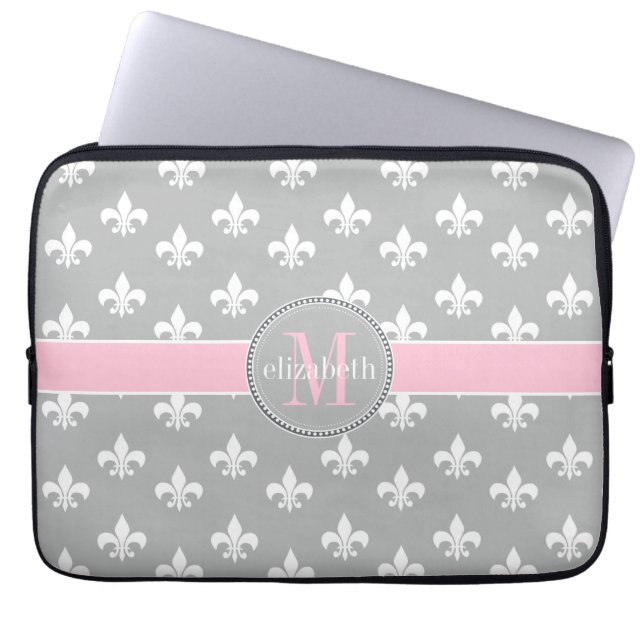 Funda Para Portátil Monograma de Flor Blanca Rosa Gris de Lis (Frente)