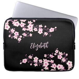 Funda Para Portátil Monograma de flor de cerezo rosa negro