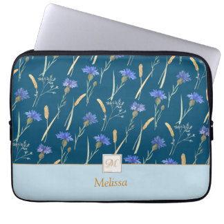 Funda Para Portátil Monograma de flor salvaje floral azul