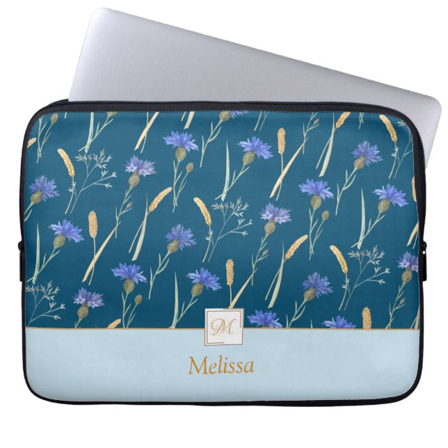Funda Para Portátil Monograma de flor salvaje floral azul (Frente)