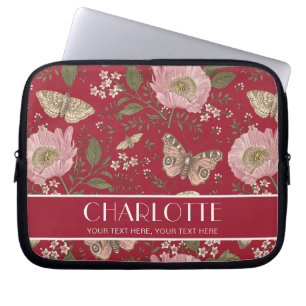 Funda Para Portátil Monograma de flor silvestre rojo botánico moderno